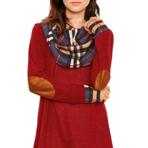 💖Red Plaid Elbow Patch Cowl Neck Dress - Picture 2 of 6